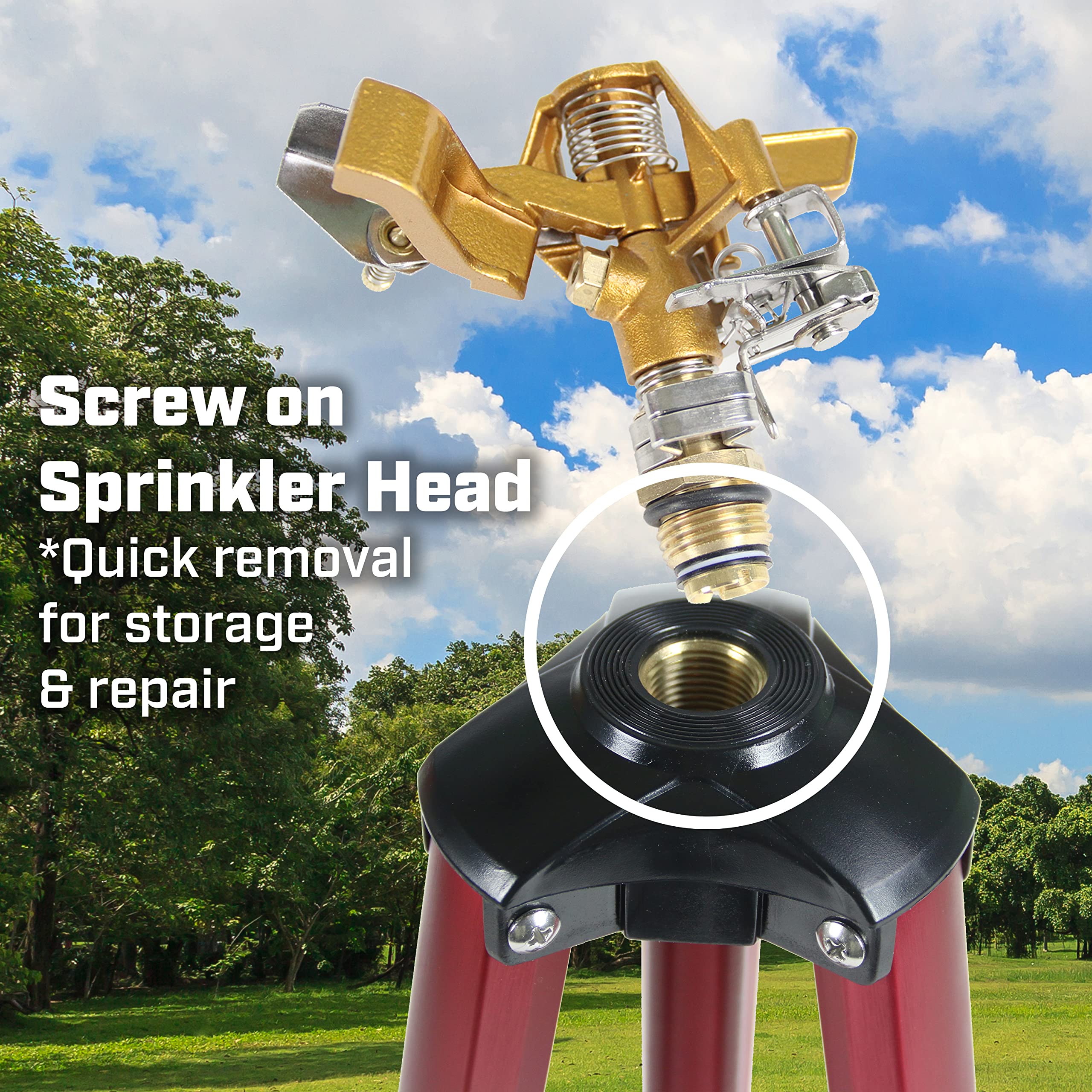 Chapin 4993: Heavy Duty Brass Head Tripod Impact Lawn Sprinkler, 360 Degree Coverage for Large Lawns, Golf Courses, Gardens, Adjustable Height, Gooseneck Hose Connection, Red and Black - Image 3