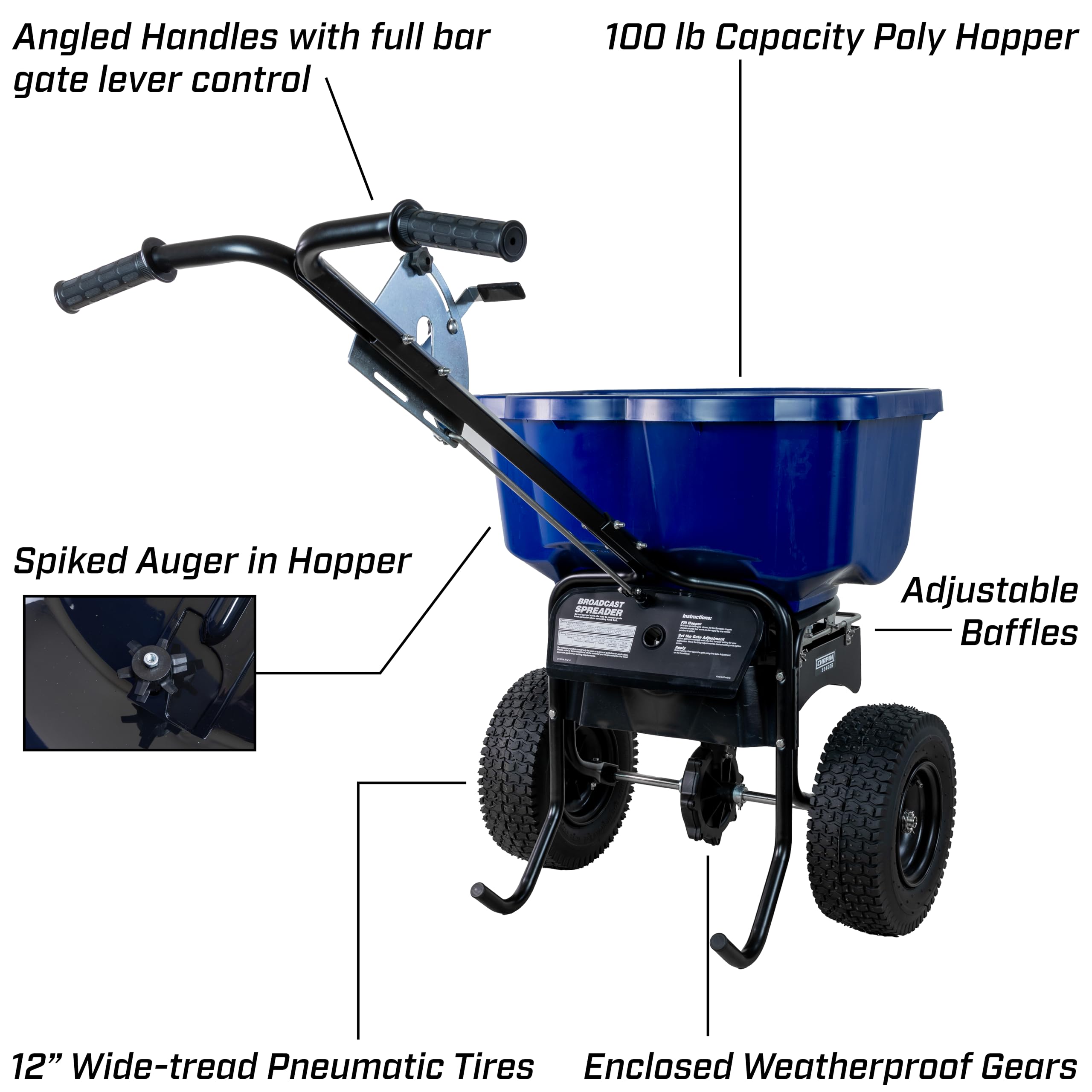 Chapin 88400B Spreader, Salt, Ice Melt, Contractor, SaltPro, Walk Behind, Spiked Auger, Adjustable Baffles, 12" Tires, Enclosed Gears, Ergonomic T-Handle, Weather-Resistant, Rain Cover, 100Lbs - Image 3